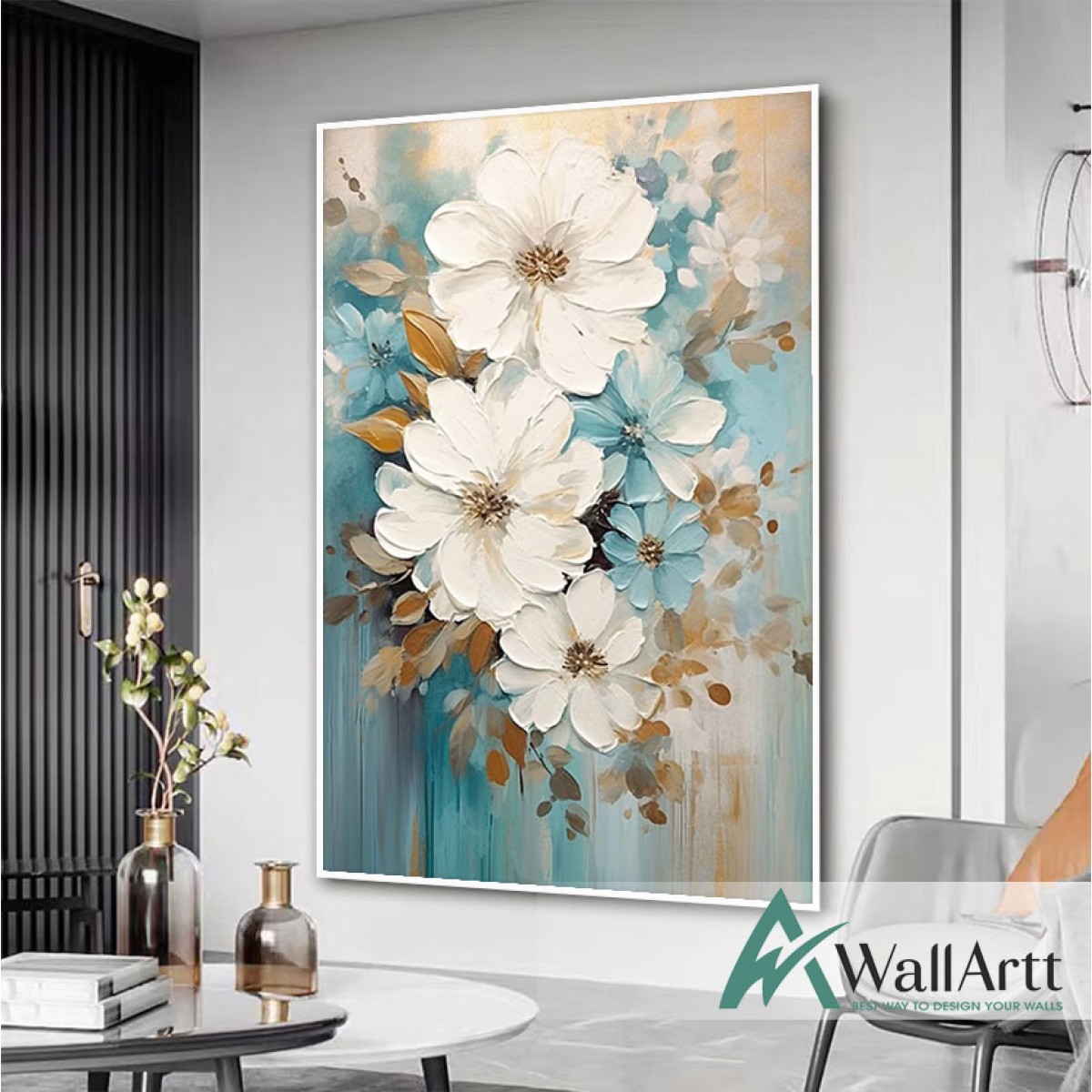 White Blue Flowers with Gold Leaves II 3d Heavy Textured Partial Oil Painting
